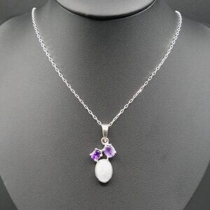Artist Made Sterling Silver, Moonstone and Purple Amethyst Pendant Necklace 18"